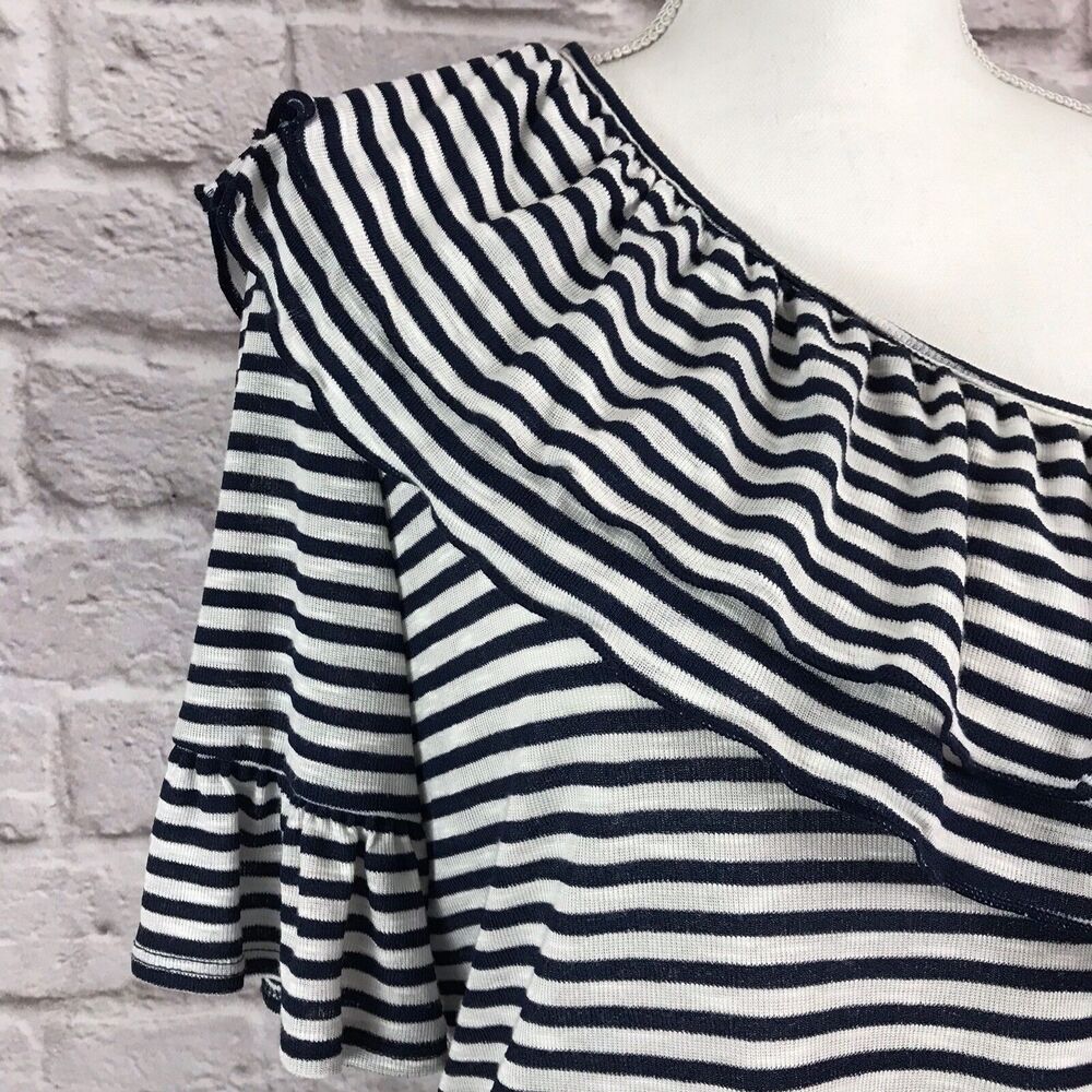 Ro & De Navy Blue & White Stripe One Shoulder Ruffle Knit Top Size Medium NWT - Picture 4 of 8